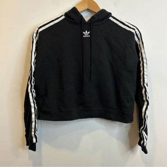 ADIDAS Originals Cropped Hoodie Jacket Sweatshirt Black Womens CY4766 - Picture 5 of 9